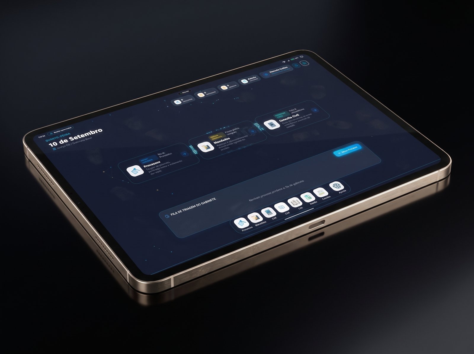 Tablet forense dPad do dtJuridico sob iluminação de estúdio negra e dourada
