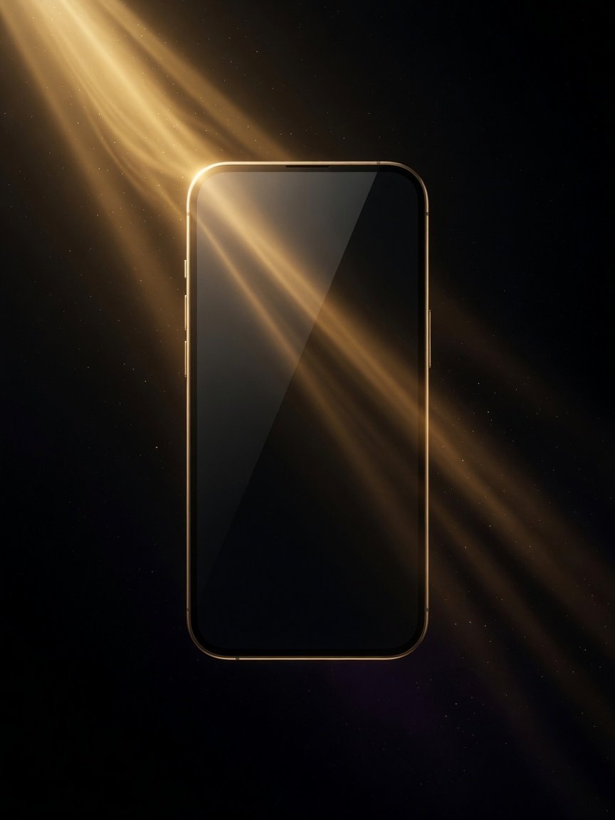 dtCelular de frente, tela negra e aro champagne sob feixe de luz dourada