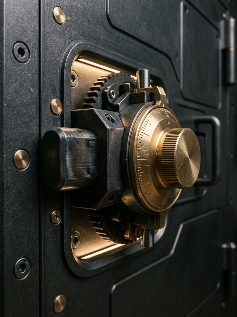 Macro do dial e trava mecânica de alta segurança do cofre residencial