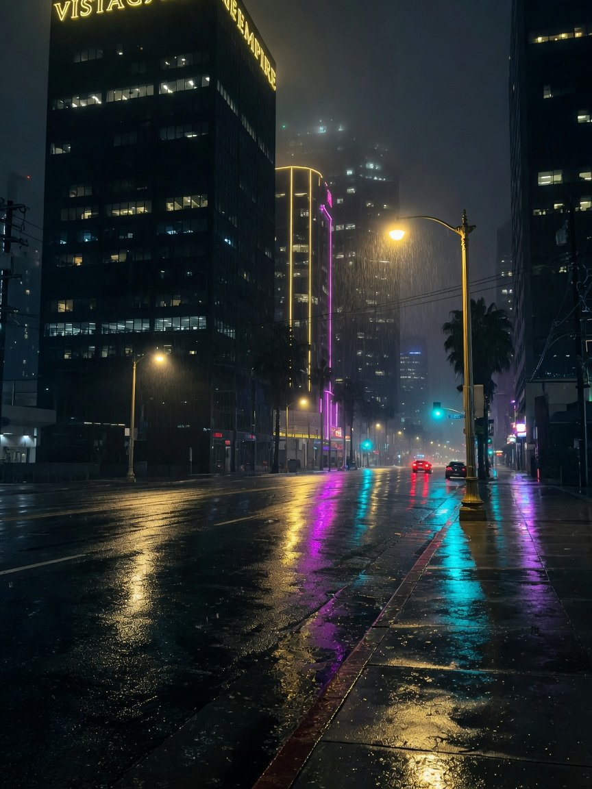 Avenida noturna molhada com reflexos de neon, no estilo da câmera do dtCelular