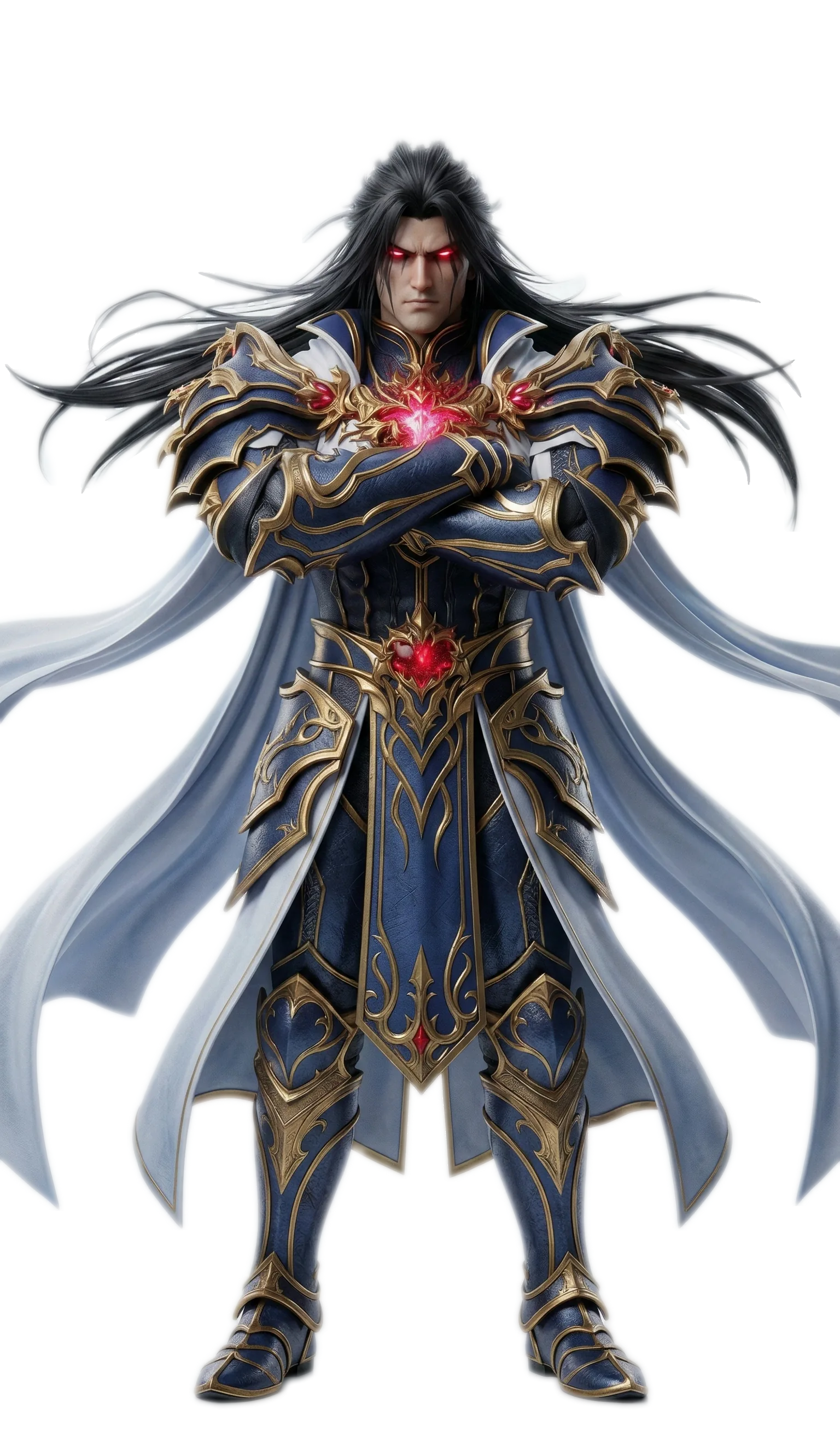 Belric, o semideus: cabelo negro longo, olhos vermelhos, armadura azul-marinho e ouro com uma gema vermelha no peito, braços cruzados