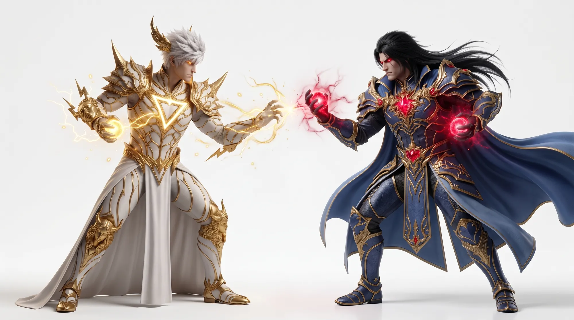 Klauas e Belric com uma esfera de energia em cada mão, raio dourado contra fogo vermelho