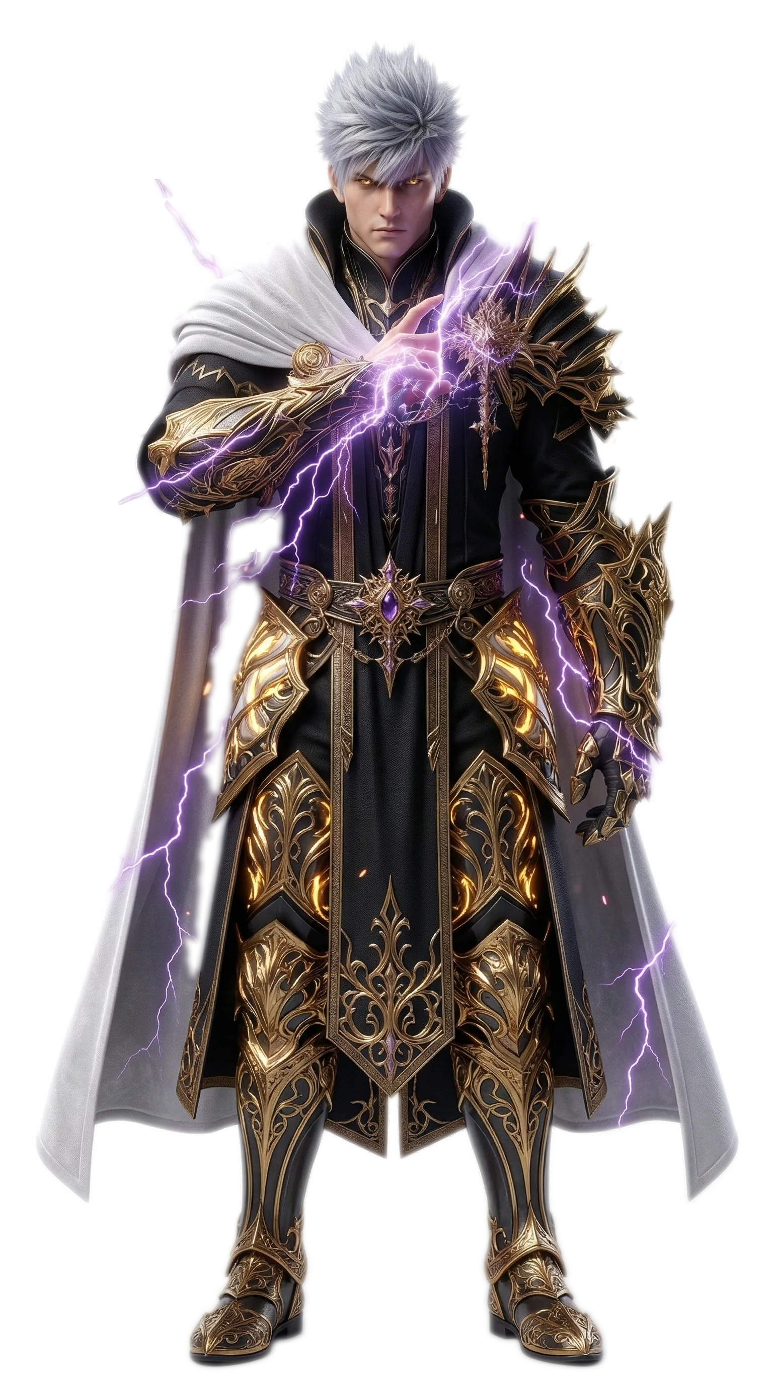 Klaus de corpo inteiro, cabelo prateado e manto negro bordado a ouro, raios violeta correndo pela mão erguida, encarando quem observa com olhos de ouro