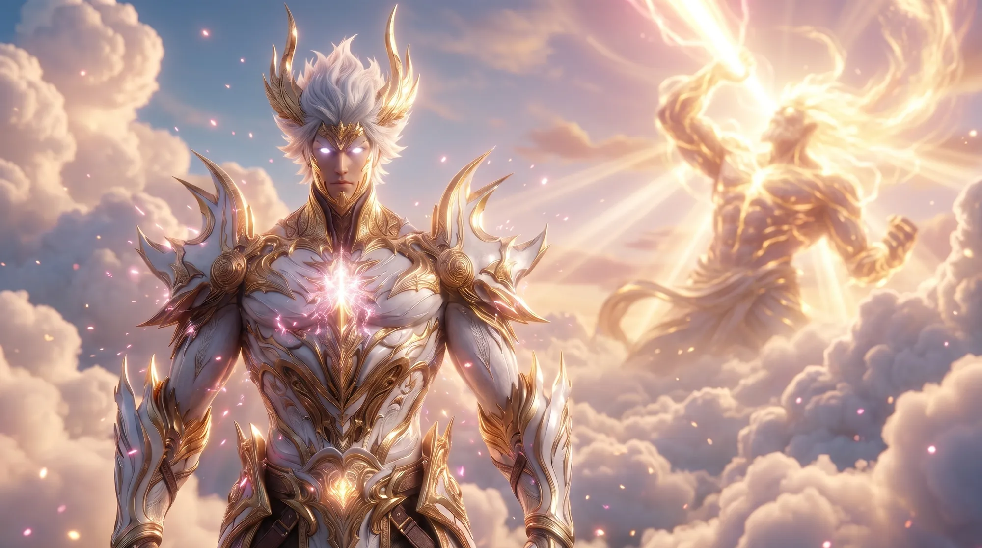 Klauas Infinite Prime sobre nuvens douradas; atrás dele, o Omega Klaus manifestado como um gigante de luz elétrica