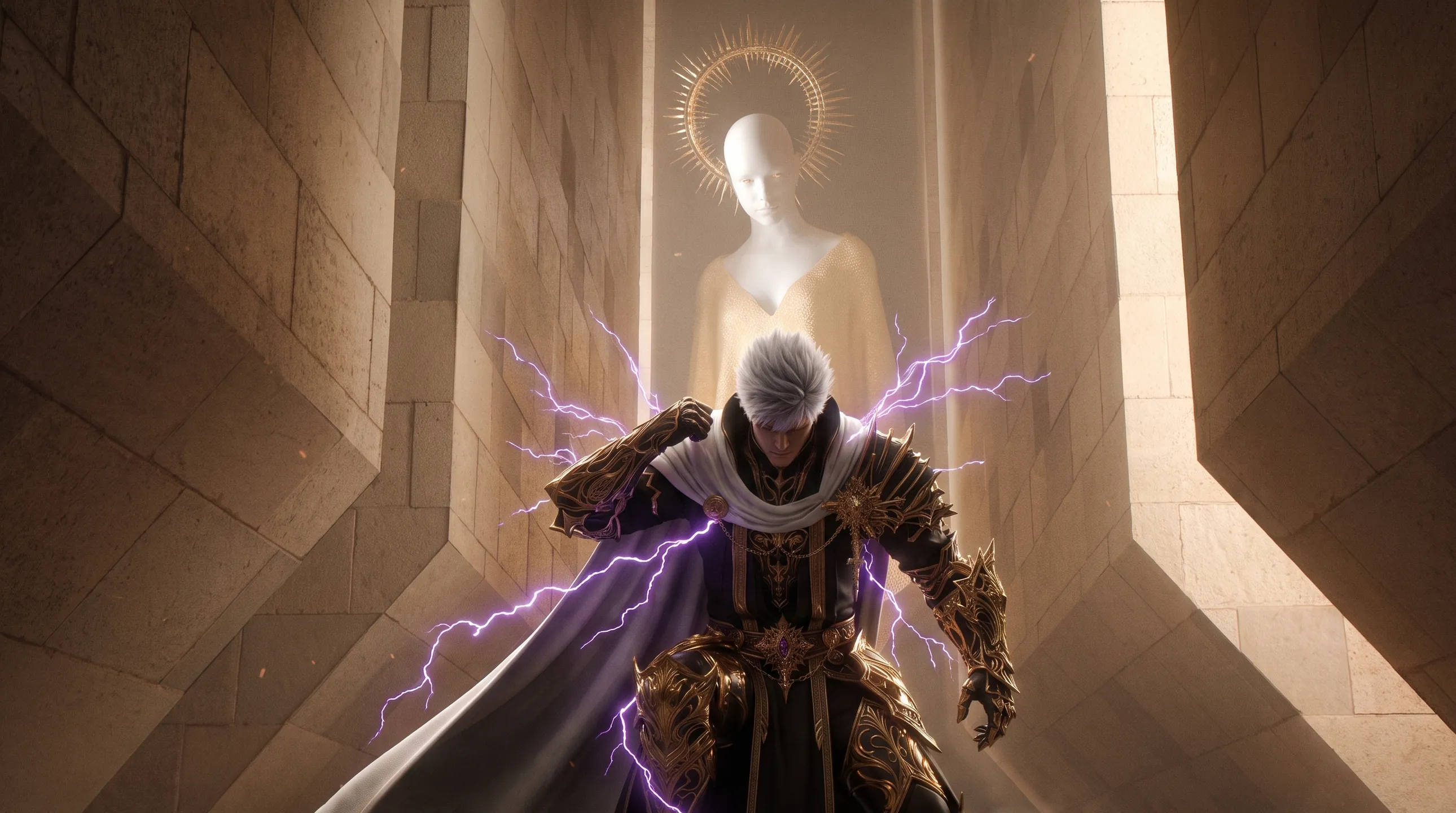 Klaus desce o corredor de pedra do Templo dos Manifestos com raios violeta nos braços, sob uma estátua branca de auréola dourada